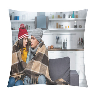Personality  Freezing Couple In Warm Hats Looking At Each Other While Sitting Under Plaid Blanket In Cold Kitchen Pillow Covers