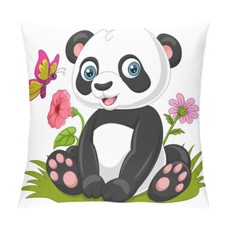 Personality  Vector Illustration Of Cartoon Little Panda Sitting In The Grass Pillow Covers