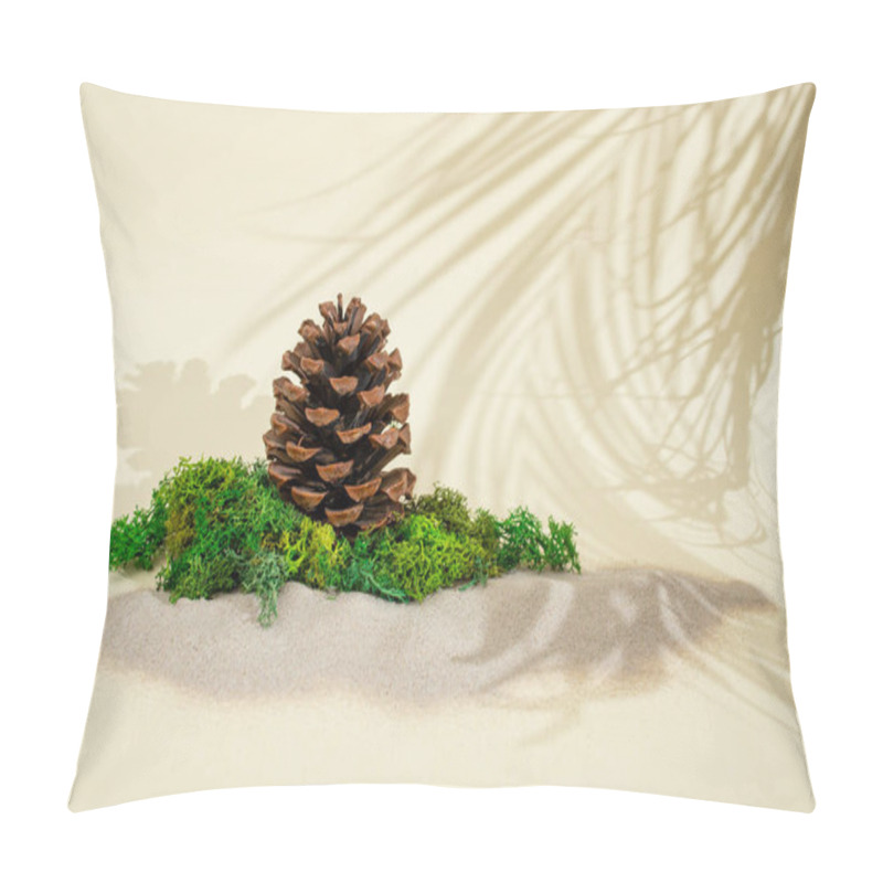 Personality  Stabilized lichen, moss surrounded by sand and palm tree branches shadows on beige background   pillow covers