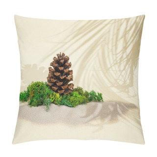 Personality  Stabilized Lichen, Moss Surrounded By Sand And Palm Tree Branches Shadows On Beige Background   Pillow Covers
