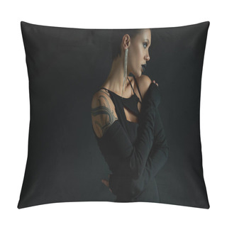 Personality  Tattooed And Glamour Woman With Eerie Makeup Posing In Sexy Dress On Black, Halloween Concept Pillow Covers
