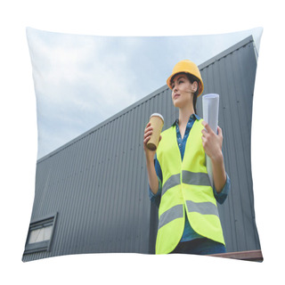 Personality  Beautiful Female Engineer In Safety Vest And Helmet With Blueprint And Disposable Cup On Coffee Pillow Covers