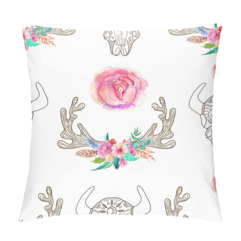 Personality  Doodle bull skull and horns with watercolor flowers and feathers pillow covers