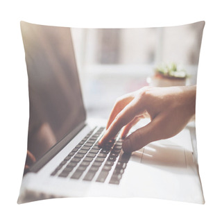 Personality  Young Man Drinking Coffee In Cafe And Using Tablet Computer Pillow Covers