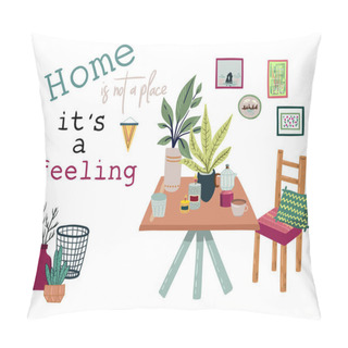 Personality  Stay At Home. Set Of Stylish Scandinavian Apartment Design Elements For Self-isolation During Quarantine And Other Use. Flat Vector Cartoon Illustration Isolated On White Background Pillow Covers