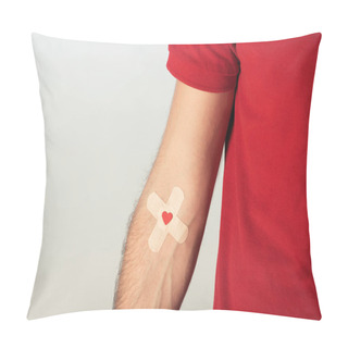 Personality  Partial View Of Patient In Red T-shirt With Plasters On Grey Background, Blood Donation Concept Pillow Covers