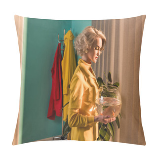 Personality  Side View Of Beautiful Stylish Woman Looking At Aquarium With Gold Fish At Home Pillow Covers