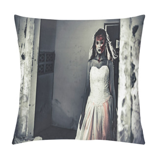 Personality  Female Zombie Corpse Standing In Front Of Grunge Wall In Abandoned House. Horror And Ghost Concept. Halloween Day Festival And Scary Movie Theme. Haunted House Theme. Dark Tone Film Pillow Covers