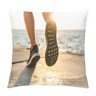 Personality  Cropped Shot Of Sportsman In Sneakers Running By Seashore On Senrise Pillow Covers