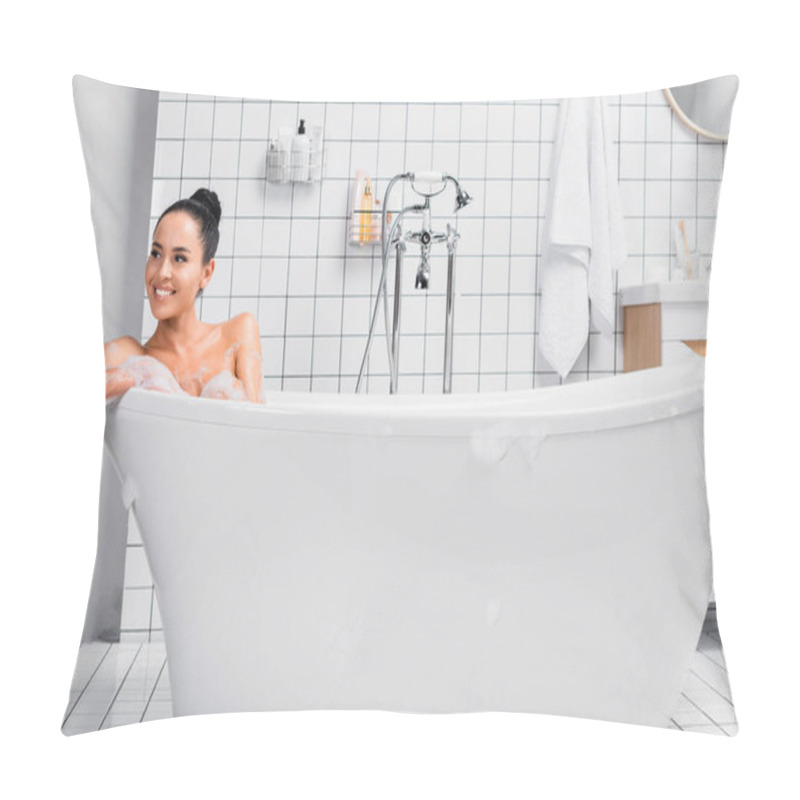 Personality  Positive Brunette Woman Looking Away While Sitting In Bathtub With Foam  Pillow Covers