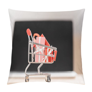 Personality  Toy Shopping Cart With Gift Boxes Near Blurred Laptop  Pillow Covers
