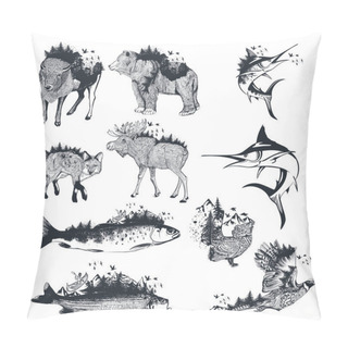 Personality  Big Collection Of Vector Artistic Hand Drawn Animals Decorated By Forest In Vintage Style Pillow Covers