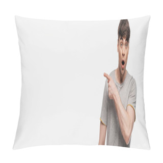 Personality  Panoramic Shot Of Shocked Young Man Pointing With Finger And Looking At Camera Isolated On Grey Pillow Covers