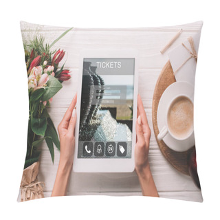 Personality  Partial View Of Woman Holding Tablet With Tickets Website On Screen At Surface With Cup Of Coffee And Bouquet Of Flowers Pillow Covers