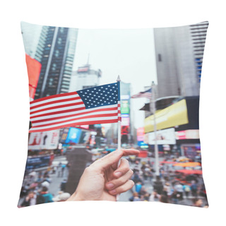 Personality  Partial View Of Man Holding American Flag On New York City Street Pillow Covers