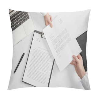 Personality  Top View Of Office Workers Holding Document At Workspace  Pillow Covers