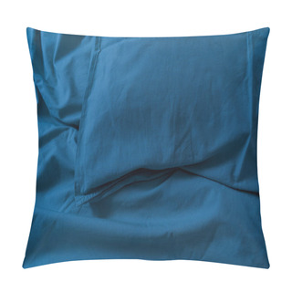 Personality  Bed Linen Of The Blue Classic Color Of The 2020 Year.  Concept Of The Color Of The Year With Copy Space. The Texture Of The Fabric. Pillow Covers