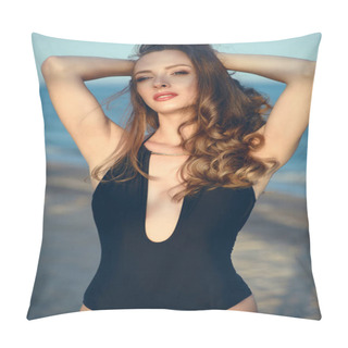 Personality Portrait Of Beautiful Glamour Model With Long Wavy Hair Wearing Trendy One Piece Halter Neck Swimsuit With Plunging Neckline Relaxing At The Seaside With Her Hands Behind Her Head Pillow Covers
