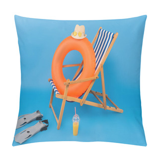 Personality  Straw Hat On Inflatable Ring Near Swimming Flippers And Orange Juice On Blue Background  Pillow Covers