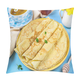 Personality  Stack Of Thin Pancakes Crepes For Breakfast With Honey And Tea Pillow Covers