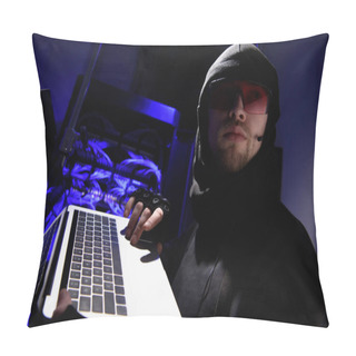 Personality  Side View Of Hacker In Eyeglasses With Laptop Looking Away With Cables On Background Pillow Covers
