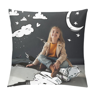 Personality  Smiling And Cute Child Sitting With Crossed Legs Flying On Fantasy Bird On Black Background With Magic Moon, Stars And Rainy Cloud Illustration Pillow Covers