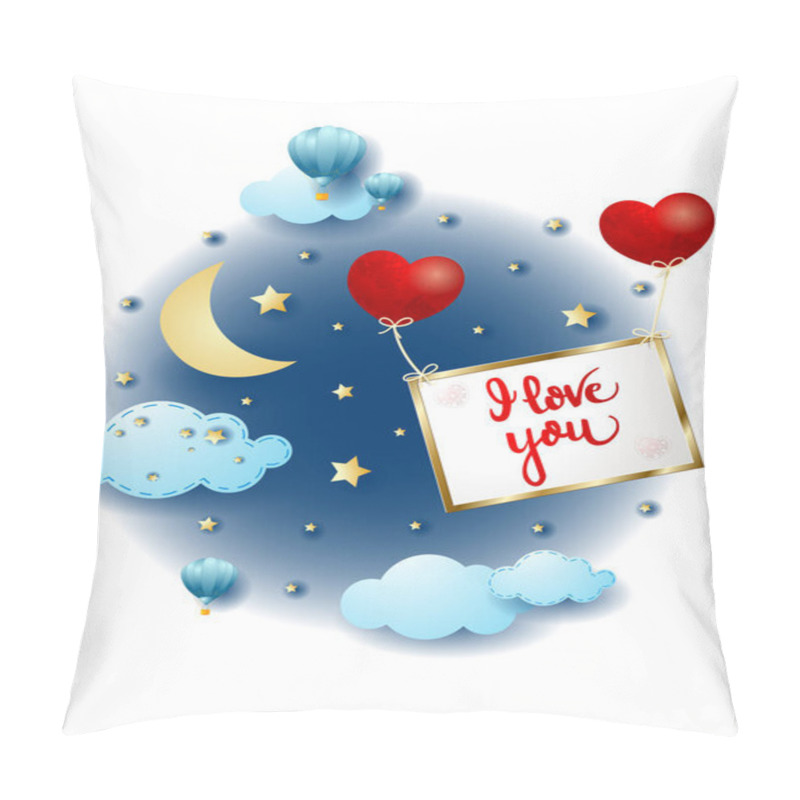 Personality  Night Landscape With Flying Sign And Hearts, Fairy Tale. Vector Illustration Eps10 Pillow Covers