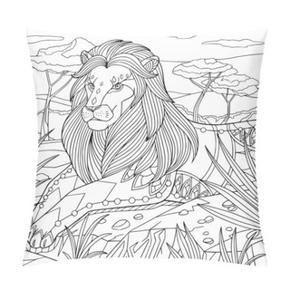 Personality  Lion Lies On The Ground Proudly. Coloring Book Page For Adult. African Wild Cat In Doodle And Zentangle Elements. Vector Hand Drawn Illustration For Antistress. Pillow Covers