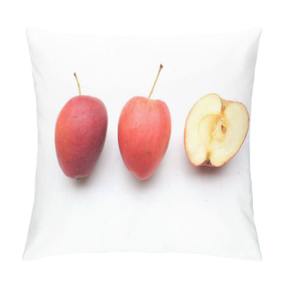 Personality  Group Of Fresh Organic Ripe Red-yellow Dwarf Apple, Princess Apples,apple, Mini Apple, Small Apple,cherry Apple, Shiny Red Apples Whole Apple, Half And A Slice With Green Leaf On White Backdrop Pillow Covers