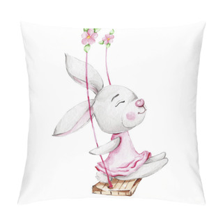 Personality  Cute Bunny In Pink Dress Swinging On A Flower Swing; Watercolor Hand Draw Illustration; Can Be Used For Baby Shower Or Children Cards; With White Isolated Background Pillow Covers