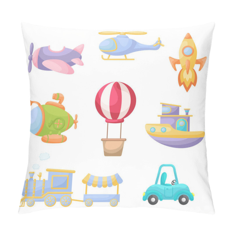 Personality  Set of cute cartoon transport. Collection of vehicles for design of kids rooms, clothing, album, card, baby shower, birthday invitation, house interior. Bright colored childish vector illustration. pillow covers