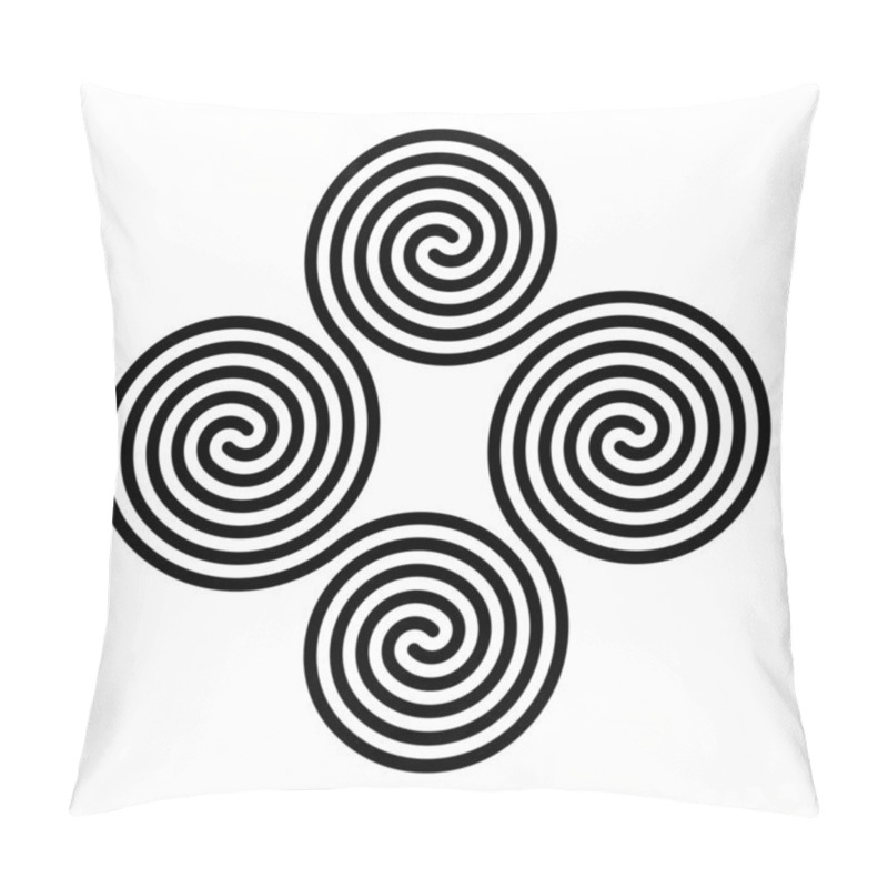 Personality  Four connected Celtic double spirals. Quadruple spiral, formed by four interlocked Archimedean spirals. Symbol and motif. Black and white, isolated illustration, on white background. Vector. pillow covers