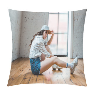 Personality  Beautiful Dancer Touching Cap And Sitting On Floor In Dance Studio  Pillow Covers