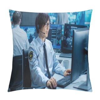 Personality  In The Security Command Center Officer At His Workstation Monitors Screens And Communicates With Patrols Through Headset. He Is Part Of The Surveillance Team. Pillow Covers