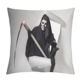 Personality  Woman In Death Costume Holding Scythe And Getting Out Of Hole In Paper Pillow Covers