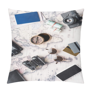 Personality  Top View Of Messy Variation Of Travel Attributes On Map Pillow Covers