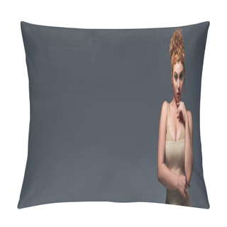 Personality  Dreamy Red Haired Woman With Curvy Body Touching Chin On Dark Grey Backdrop, Horizontal Banner Pillow Covers