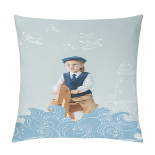 Personality  Kid In Retro Vest And Cap Riding On Rocking Horse On Grey Background With Fantasy Lighthouse, Waves And Flying Birds Illustration Pillow Covers