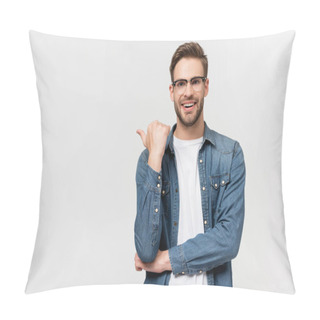 Personality  Smiling Man In Eyeglasses Pointing With Finger Isolated On Grey Pillow Covers