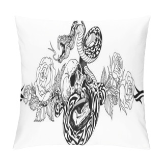 Personality  Angry Snake Coiled Around The Human Skull And Rose Flowers. Black And White Tattoo. Vector Illustration Pillow Covers
