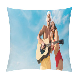 Personality  Panoramic Shot Of Sexy Girlfriend And Boyfriend Playing Acoustic Guitar On Beach In Maldives  Pillow Covers