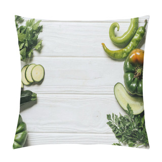 Personality  Top View Of Green Ripe Vegetables On White Wooden Table Pillow Covers