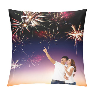 Personality  Happy Young Couple Watching The Fireworks In The Sky Pillow Covers
