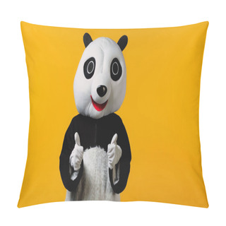 Personality  Person In Happy Panda Bear Costume Showing Thumbs Up Isolated On Yellow  Pillow Covers