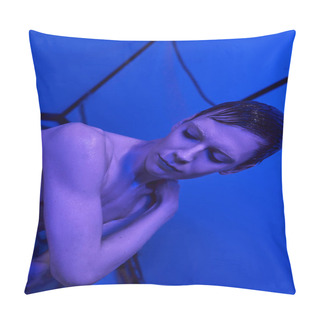 Personality  Unidentified Humanoid Alien In Neon Light Of Innovative Discovery Center, Futuristic Concept Pillow Covers