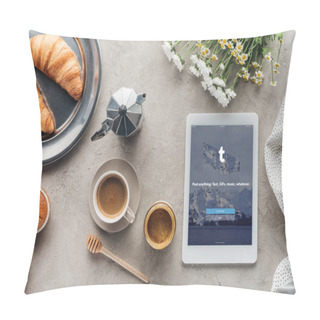 Personality  Top View Of Coffee With Pastry And Tablet With Tumblr App On Screen On Concrete Surface Pillow Covers