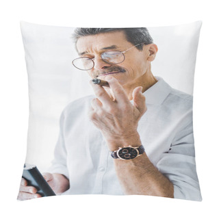 Personality  Retired Man With Mustache Smoking Sigar And Holding Alcohol Flask  Pillow Covers
