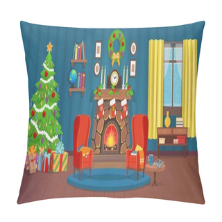 Personality  Christmas Interior With Fireplace, Christmas Tree, Window, Bookshelf, Desk And Armchairs. Cartoon Vector Illustration. Pillow Covers