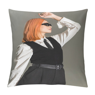 Personality  Side View Of Expressive And Stylish Asian Woman Posing With Hand Above Head On Grey Shaded Background, Dyed Red Hair, Dark Sunglasses, White Shirt, Tie And Vest, Business Casual Fashion Pillow Covers