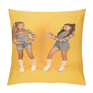 Personality  Little Girls Wearing Rainbow Clothes. Happiness. Girls Long Hair. Cute Children Same Outfits Communicating. Best Friends. Trendy And Fancy. Emotional Kids. Fashion Shop. Modern Fashion. Kids Fashion Pillow Covers